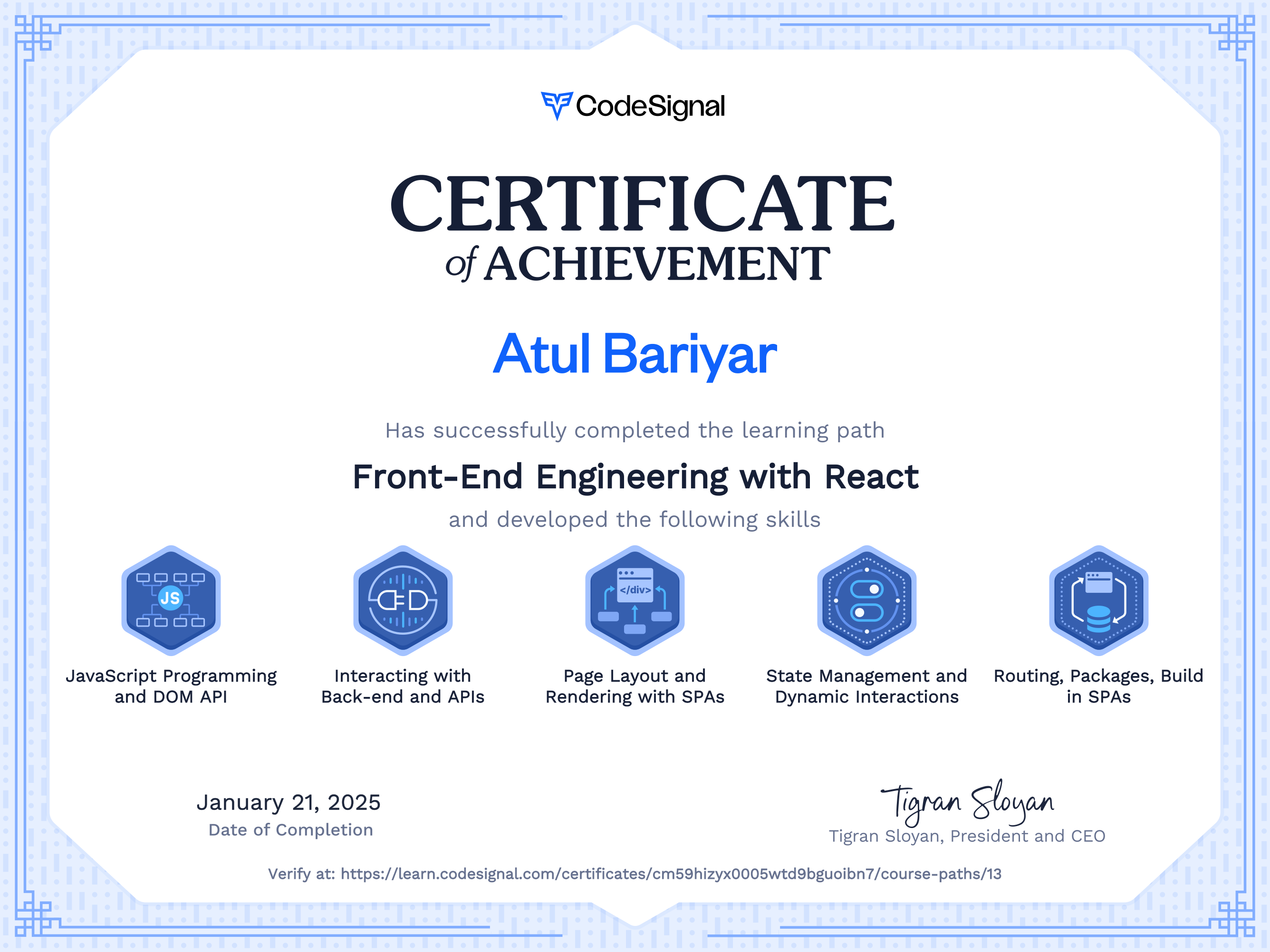 Certified FrontEnd badge in React